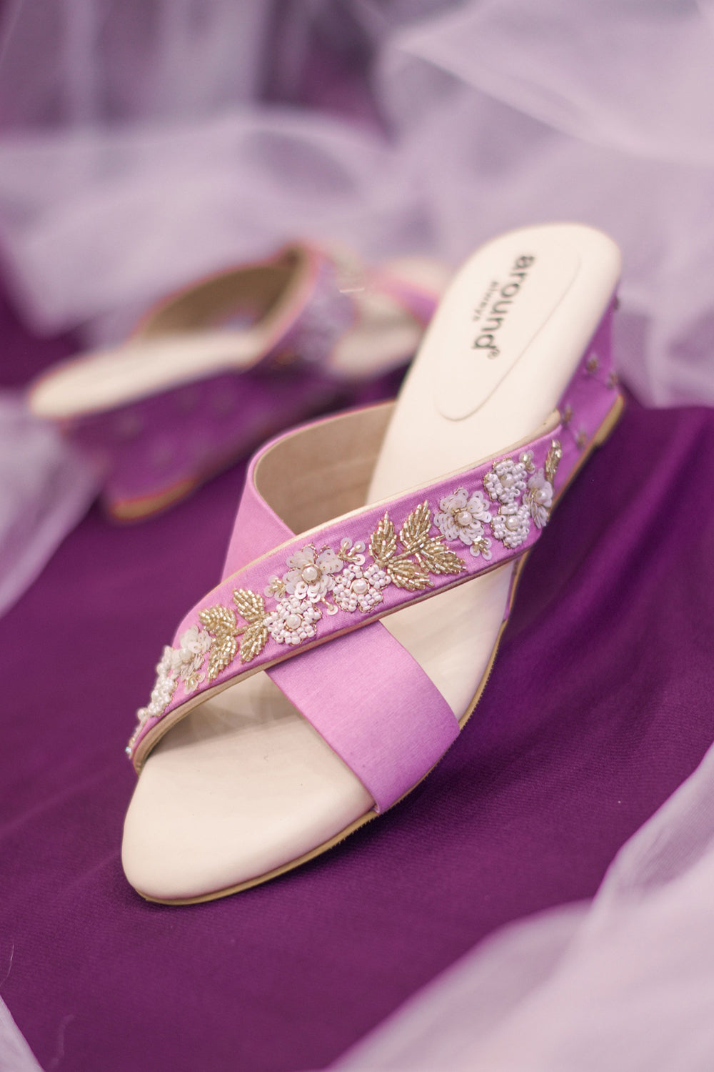 Purple Poly Silk & Rexine Embroidered Wedge Heels - Auraya Fashion -  - #tag1# - #tag2# - #tag3# - #tag3#