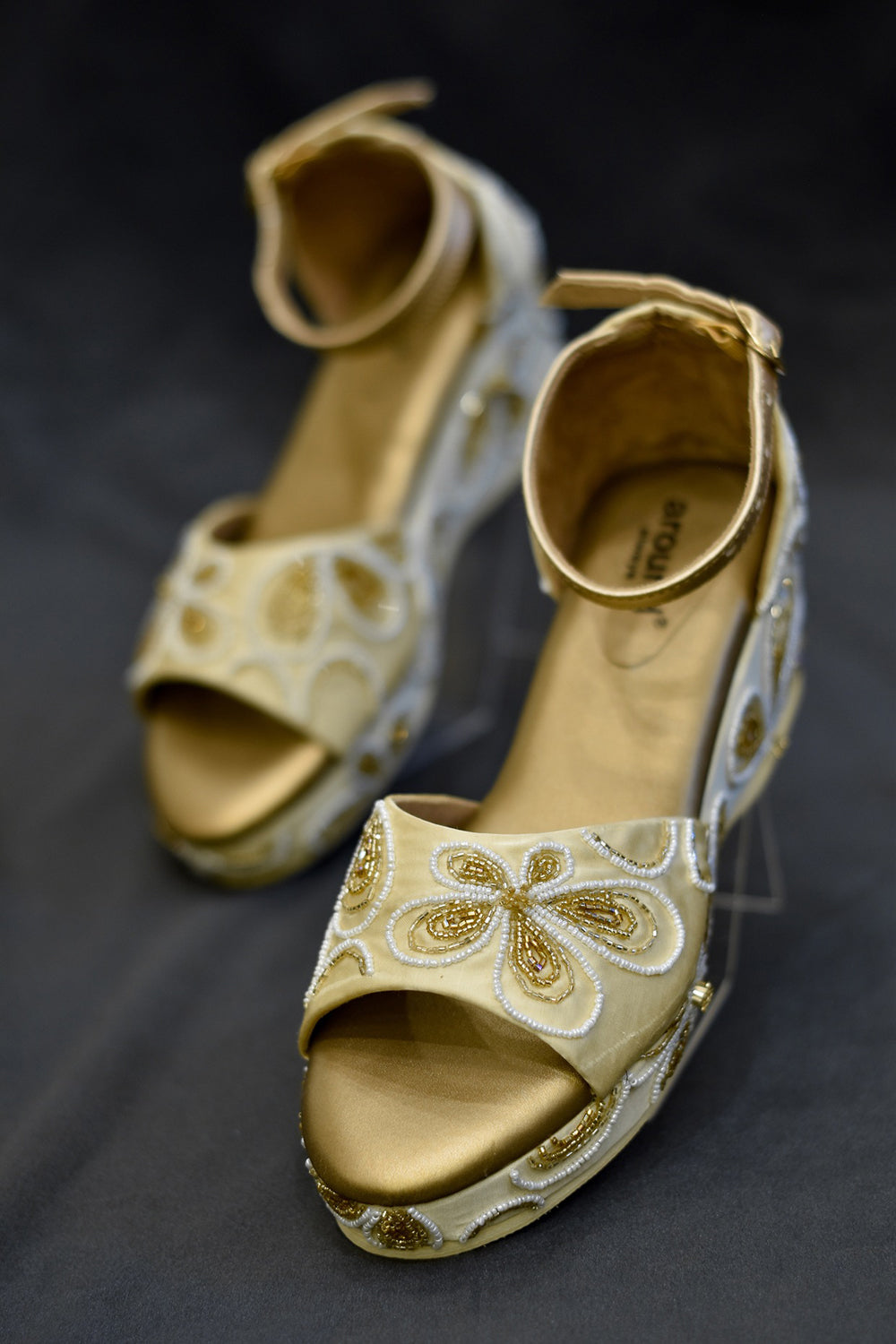 Poly Silk & Rexine Embellished Gold Heels - Auraya Fashion - Around Always - #tag1# - #tag2# - #tag3# - #tag3#