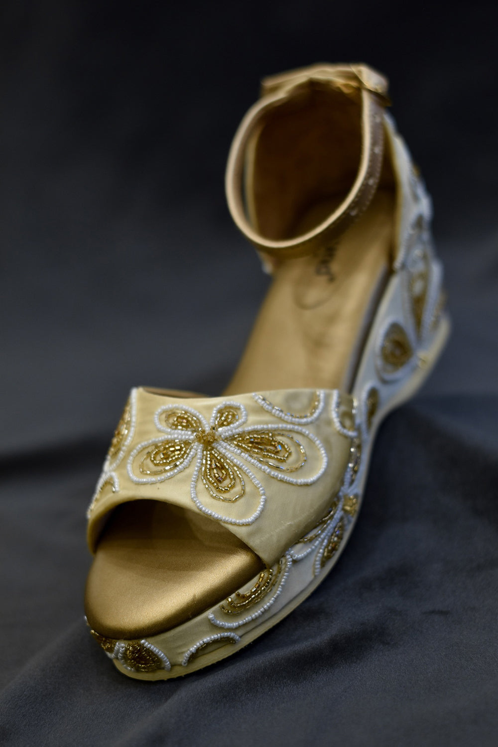 Poly Silk & Rexine Embellished Gold Heels - Auraya Fashion -  - #tag1# - #tag2# - #tag3# - #tag3#