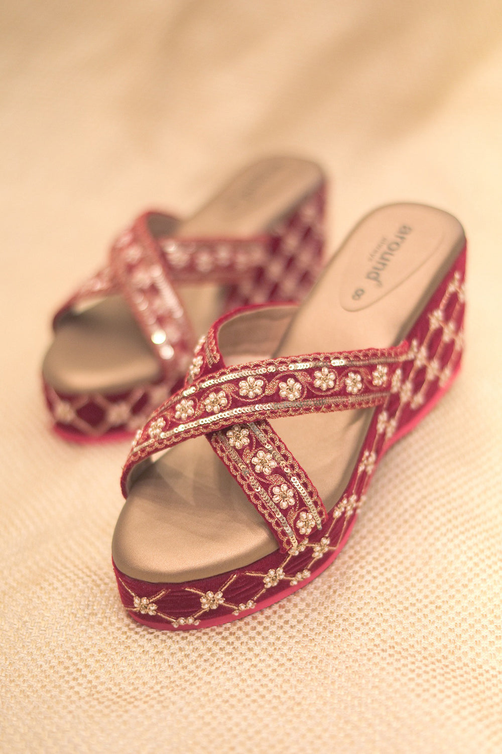 Velvet Embroidered Red & Golden Wedges