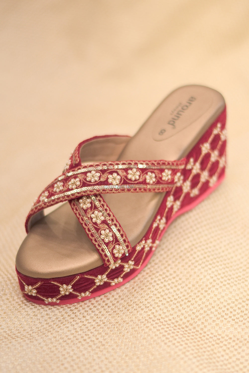 Velvet Embroidered Red & Golden Wedges