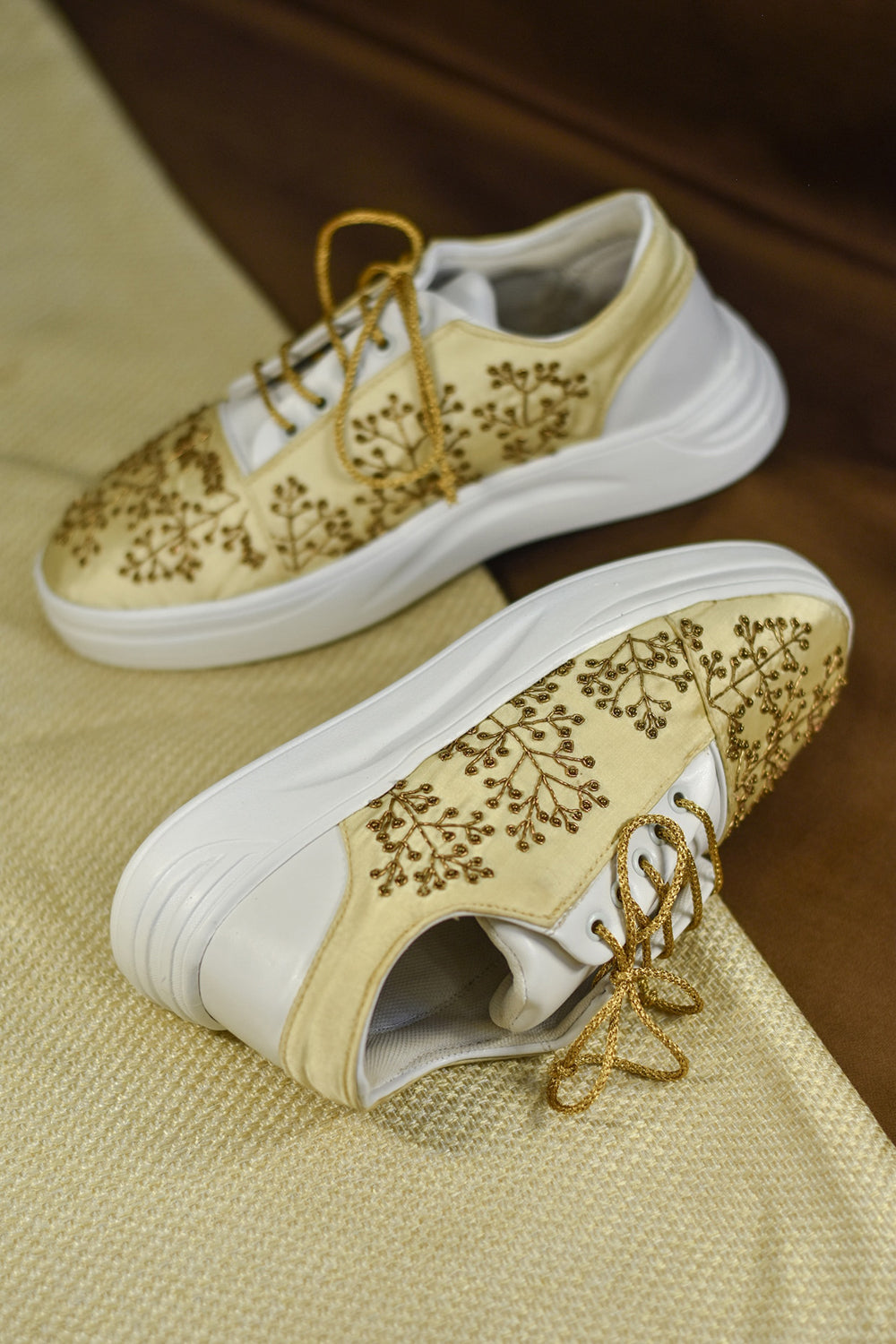 Poly Silk Embroidered Gold Sneakers - Auraya Fashion - Around Always - #tag1# - #tag2# - #tag3# - #tag3#