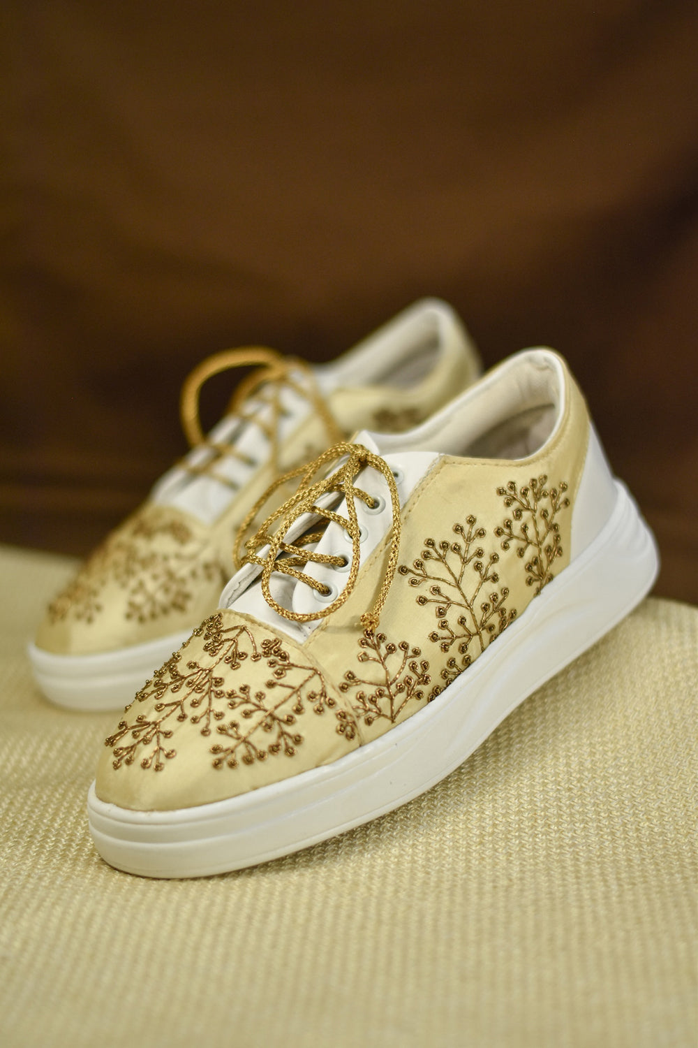 Poly Silk Embroidered Gold Sneakers - Auraya Fashion -  - #tag1# - #tag2# - #tag3# - #tag3#