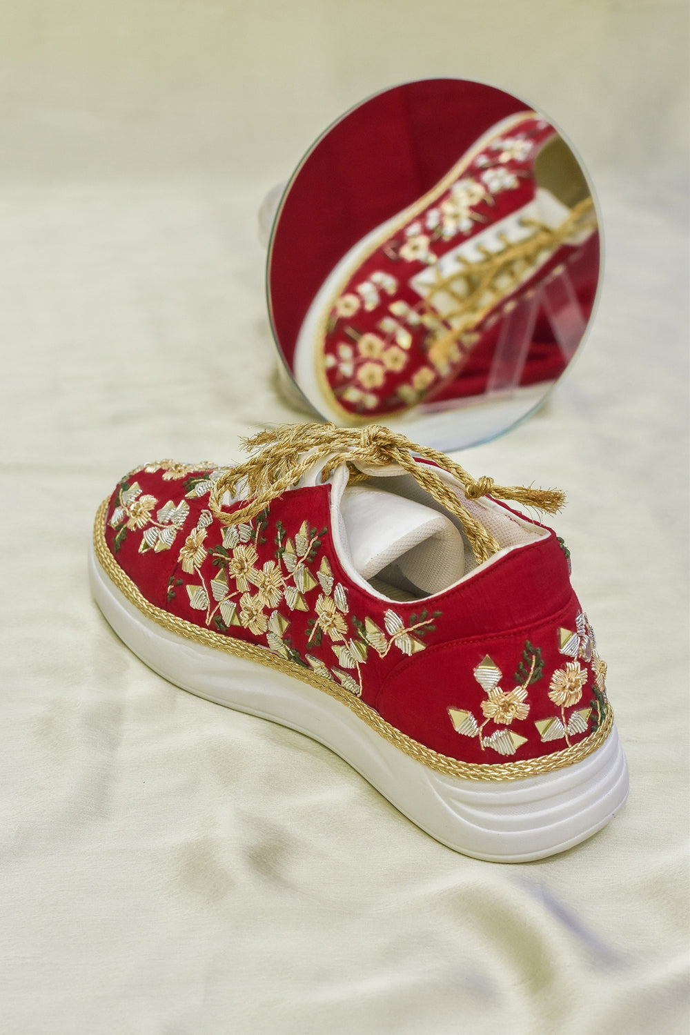 Poly Silk Embroidered Red Sneakers - Auraya Fashion -  - #tag1# - #tag2# - #tag3# - #tag3#