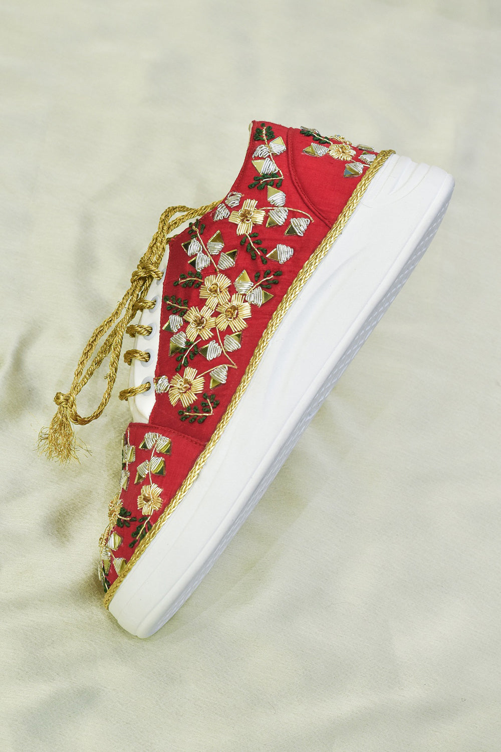 Poly Silk Embroidered Red Sneakers - Auraya Fashion -  - #tag1# - #tag2# - #tag3# - #tag3#