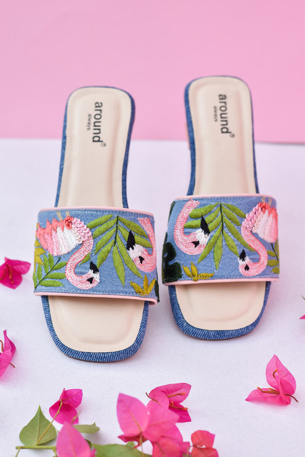 Denim Hand Embroidered Flared Blue Heels - Auraya Fashion - Around Always - #tag1# - #tag2# - #tag3# - #tag3#