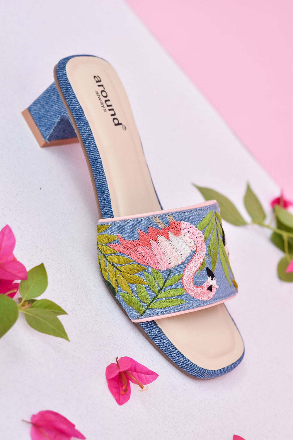 Denim Hand Embroidered Flared Blue Heels - Auraya Fashion -  - #tag1# - #tag2# - #tag3# - #tag3#