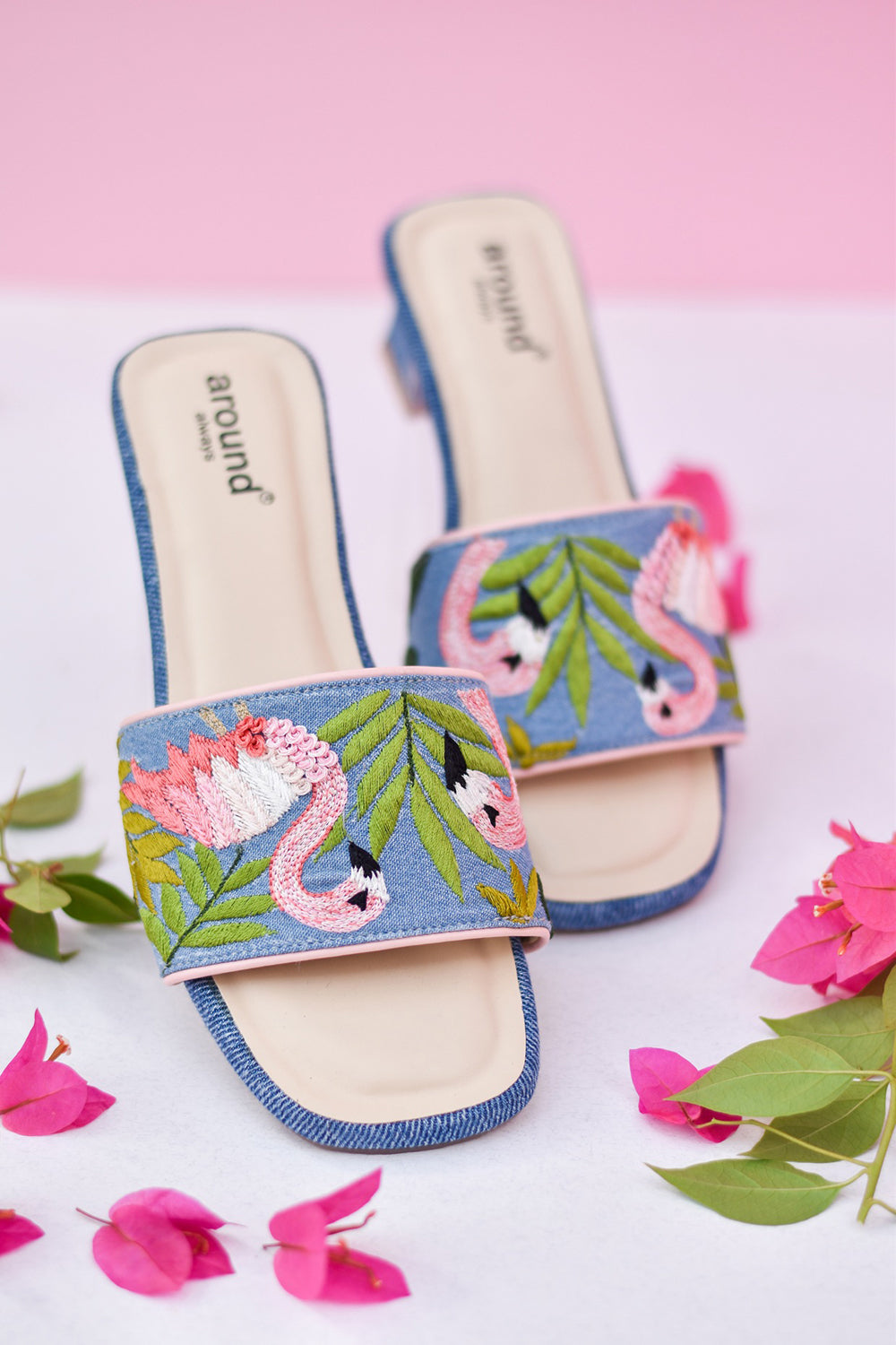 Denim Hand Embroidered Flared Blue Heels - Auraya Fashion -  - #tag1# - #tag2# - #tag3# - #tag3#