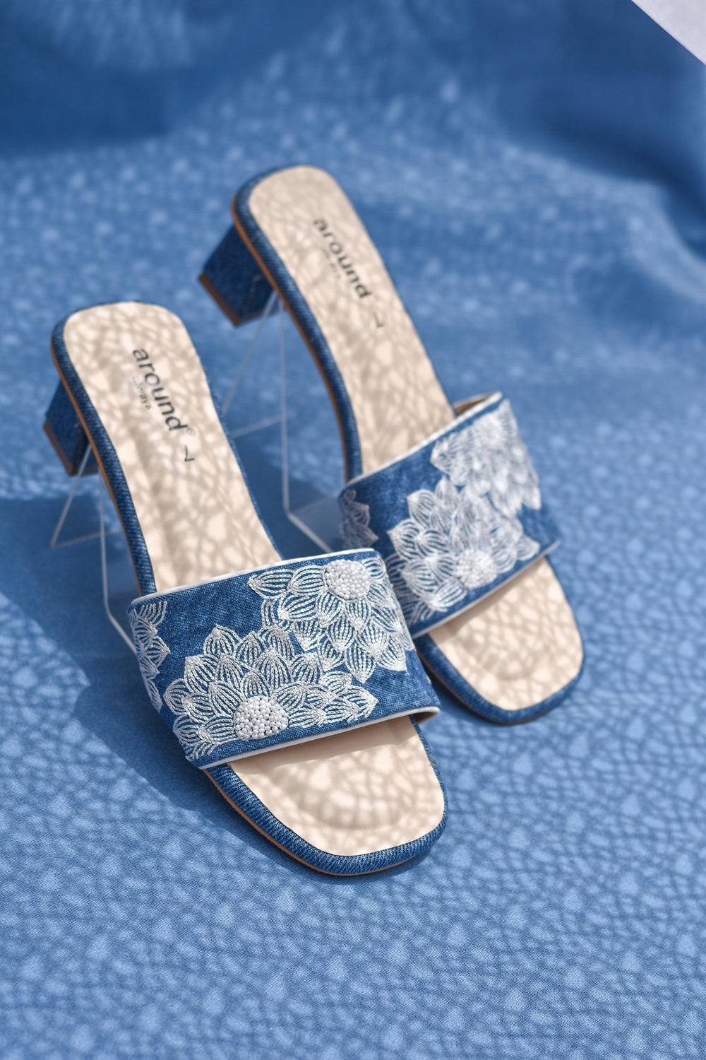 Denim Embroidered Blue & White Heels - Auraya Fashion - Around Always - #tag1# - #tag2# - #tag3# - #tag3#