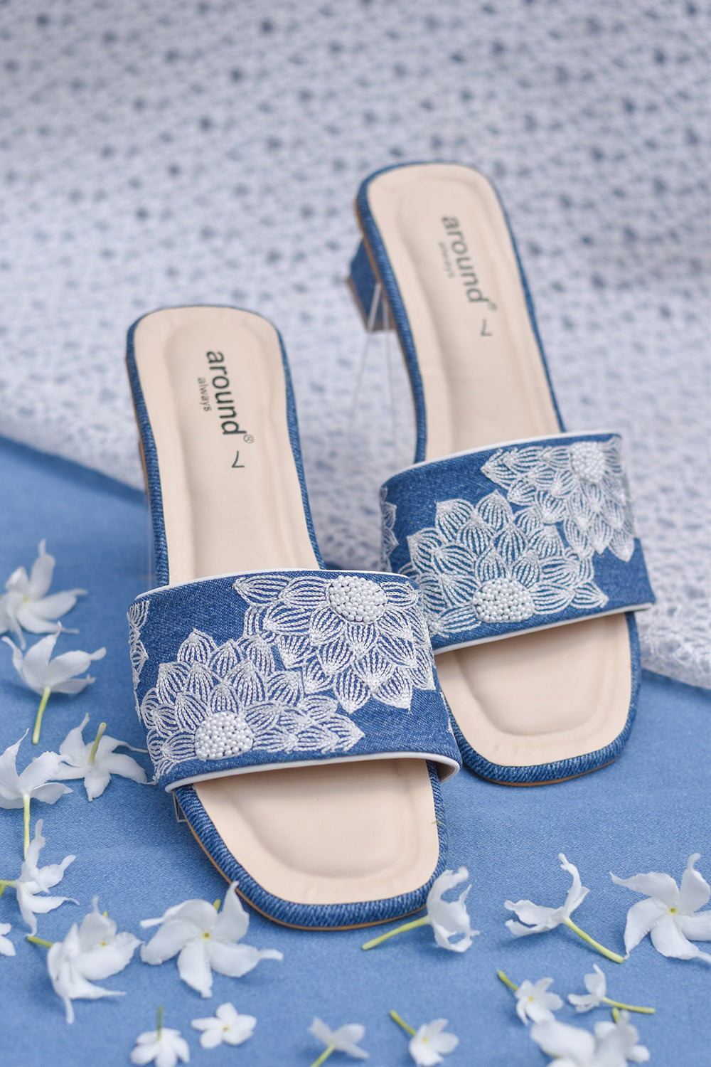 Denim Embroidered Blue & White Heels - Auraya Fashion -  - #tag1# - #tag2# - #tag3# - #tag3#