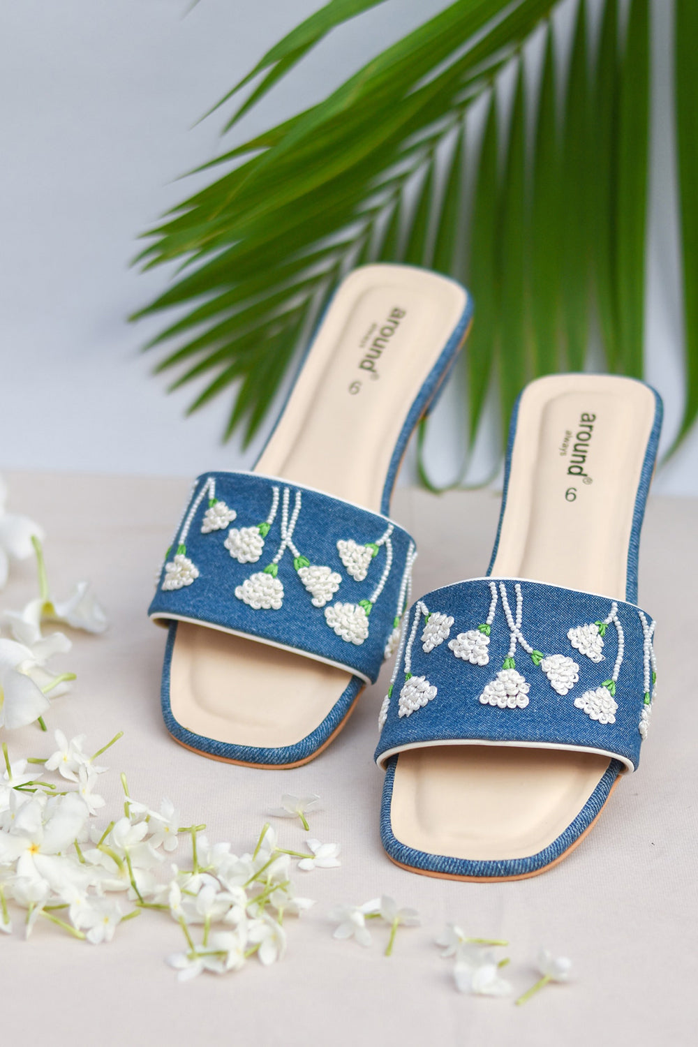 Denim Blue Hand Embroidered Sliders - Auraya Fashion - Around Always - #tag1# - #tag2# - #tag3# - #tag3#