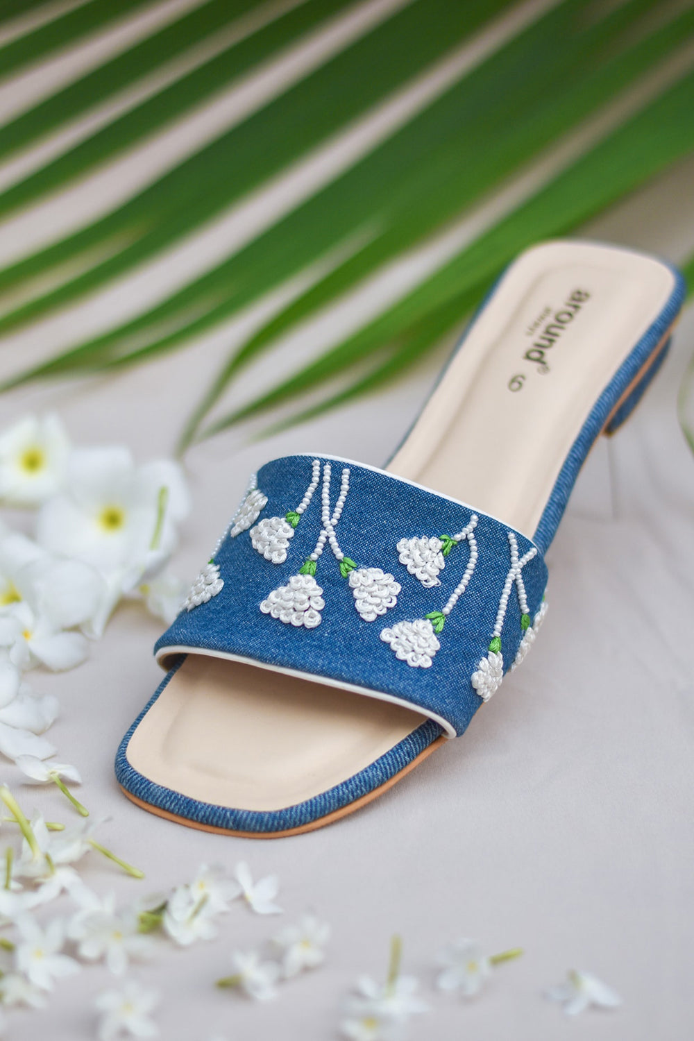 Denim Blue Hand Embroidered Sliders - Auraya Fashion -  - #tag1# - #tag2# - #tag3# - #tag3#