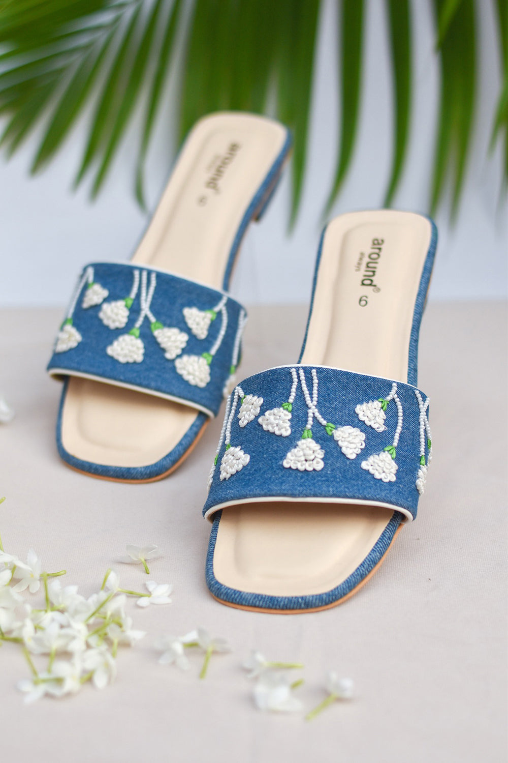 Denim Blue Hand Embroidered Sliders - Auraya Fashion -  - #tag1# - #tag2# - #tag3# - #tag3#