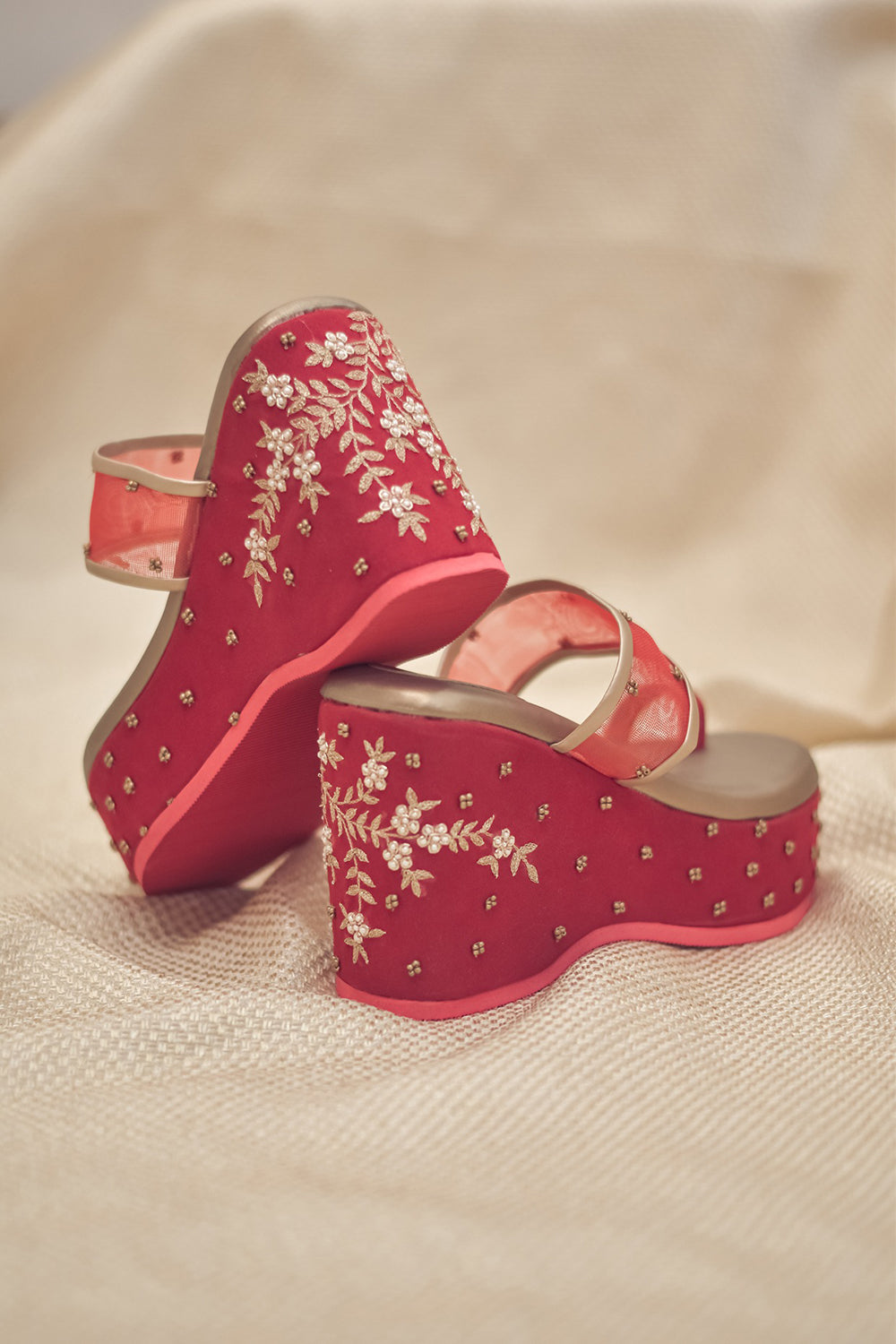 Hand Embroidered Red Wedges - Auraya Fashion -  - #tag1# - #tag2# - #tag3# - #tag3#