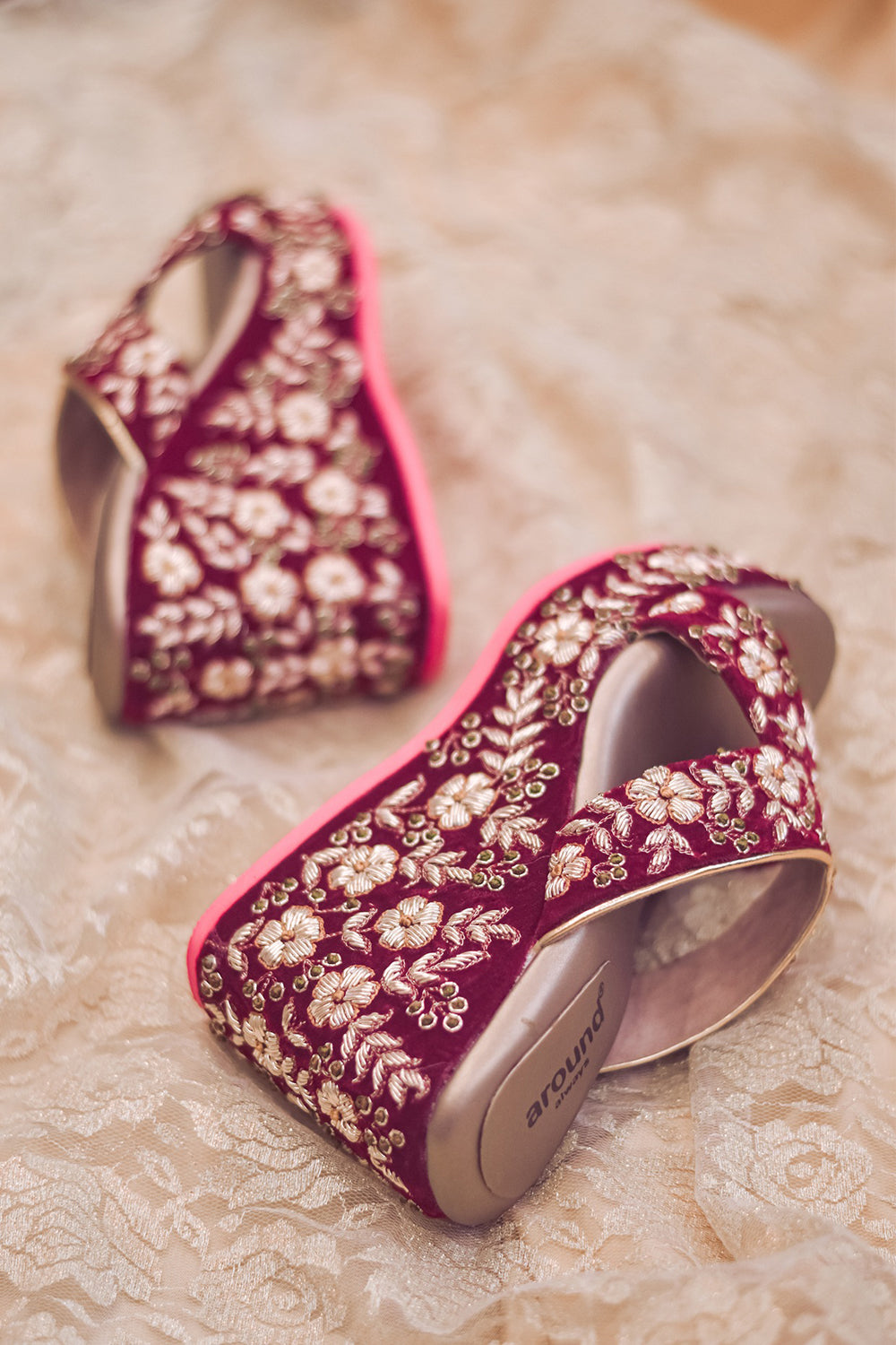 Hand Embroidered Maroon Wedges - Auraya Fashion -  - #tag1# - #tag2# - #tag3# - #tag3#