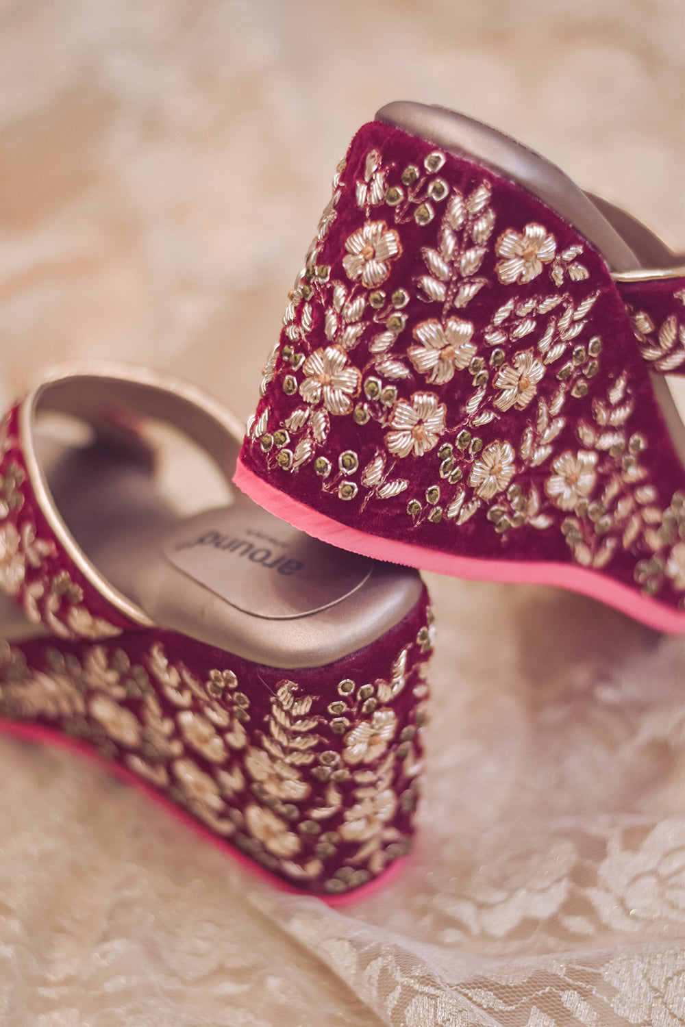 Hand Embroidered Maroon Wedges - Auraya Fashion -  - #tag1# - #tag2# - #tag3# - #tag3#