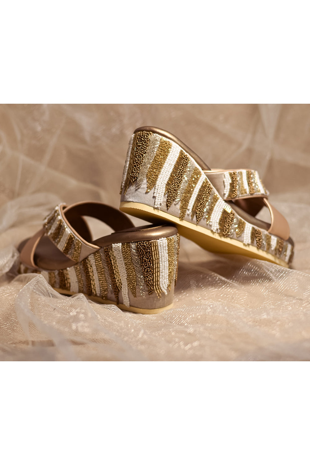 Poly Silk Embroidered Gold Wedges - Auraya Fashion -  - #tag1# - #tag2# - #tag3# - #tag3#