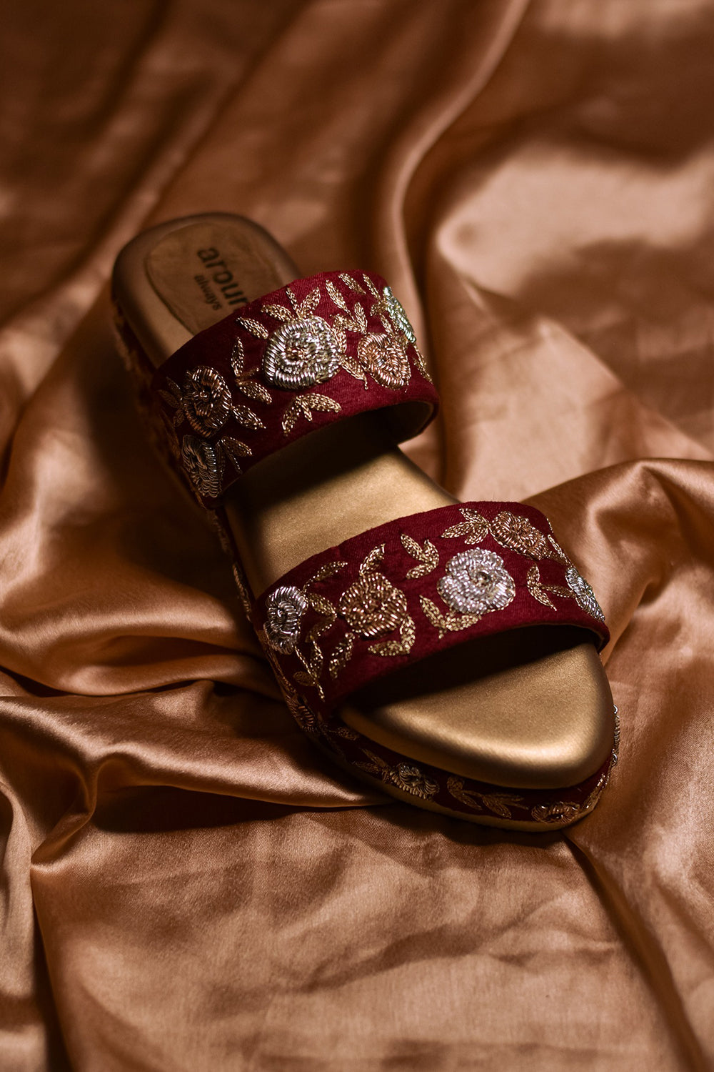 Embroidered Maroon Wedges - Auraya Fashion -  - #tag1# - #tag2# - #tag3# - #tag3#