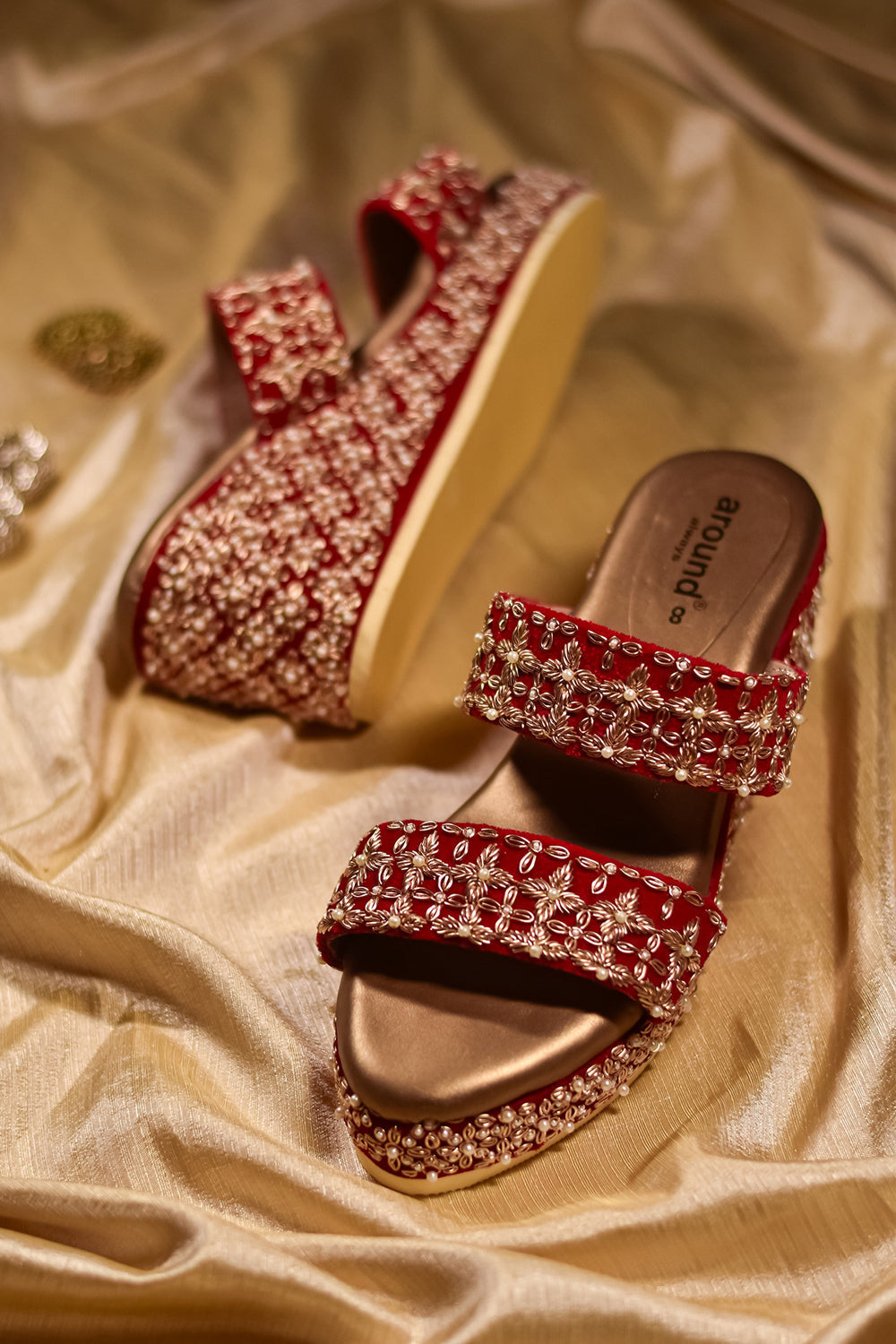 Red Velvet Embroidered Wedges - Auraya Fashion - Around Always - #tag1# - #tag2# - #tag3# - #tag3#