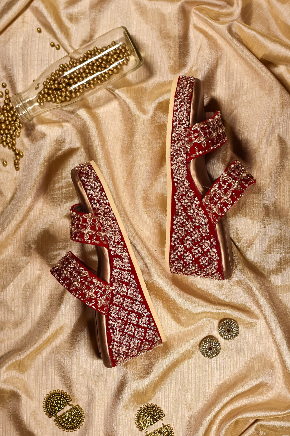 Red Velvet Embroidered Wedges - Auraya Fashion -  - #tag1# - #tag2# - #tag3# - #tag3#