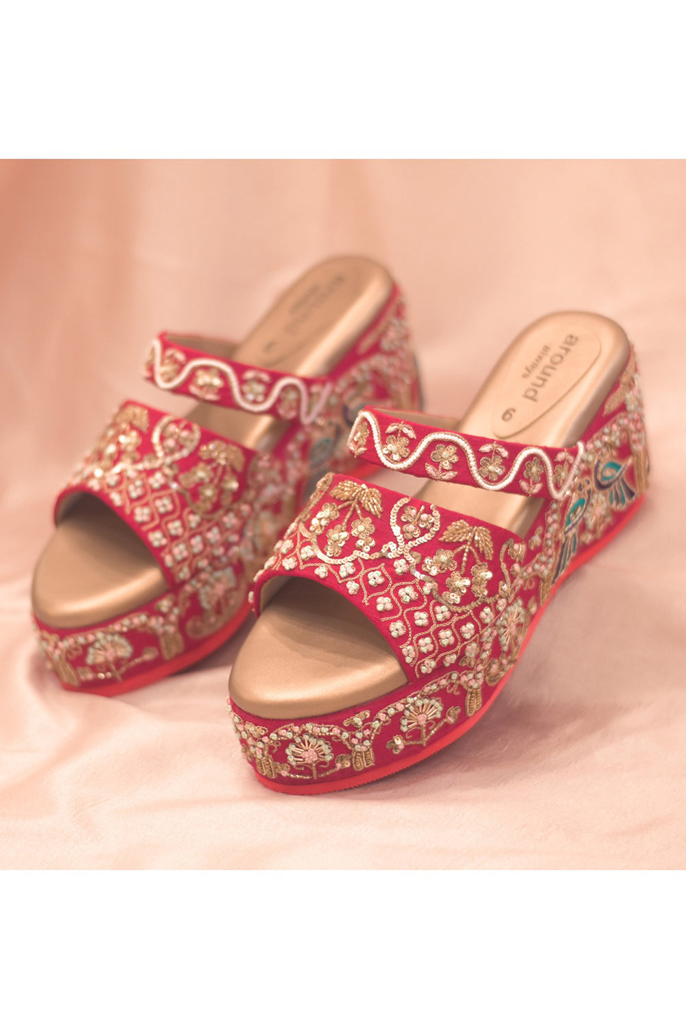 Red Embroidered Wedges - Auraya Fashion - Around Always - #tag1# - #tag2# - #tag3# - #tag3#