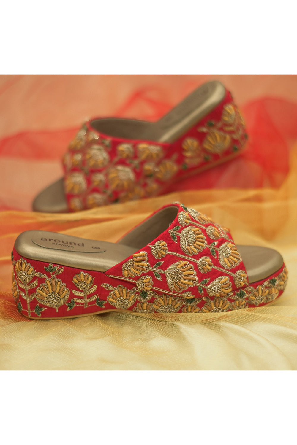 Red Zardosi Embroidered Wedges - Auraya Fashion - Around Always - #tag1# - #tag2# - #tag3# - #tag3#