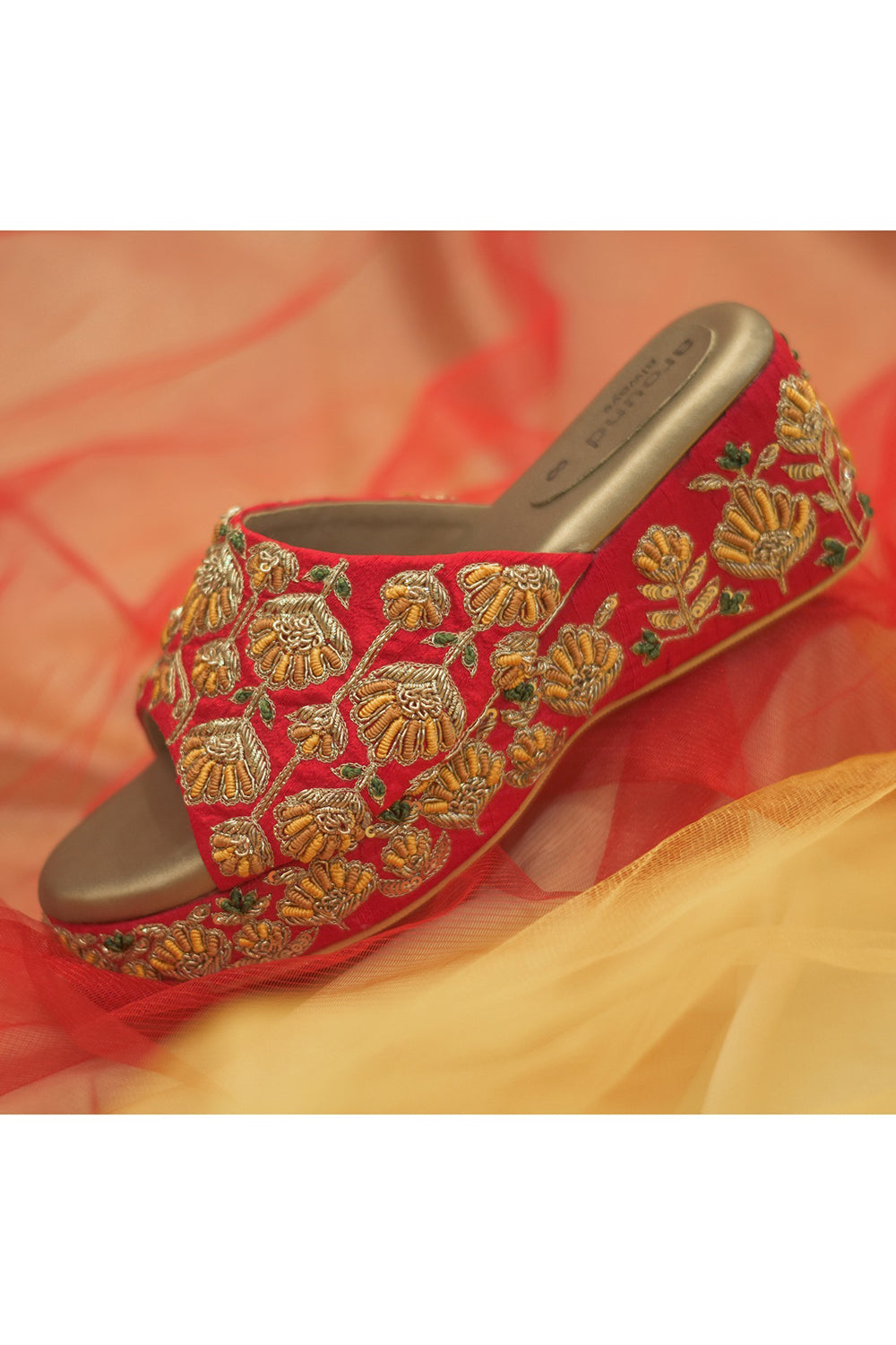 Red Zardosi Embroidered Wedges - Auraya Fashion -  - #tag1# - #tag2# - #tag3# - #tag3#