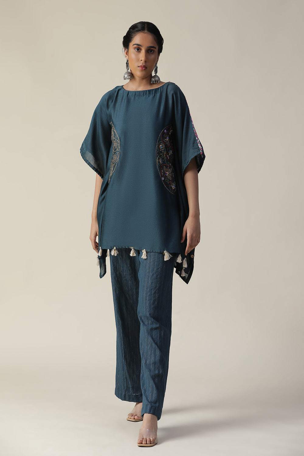 Prussian Blue Embroidered Short Kaftan Cord Set - Auraya Fashion -  - #tag1# - #tag2# - #tag3# - #tag3#