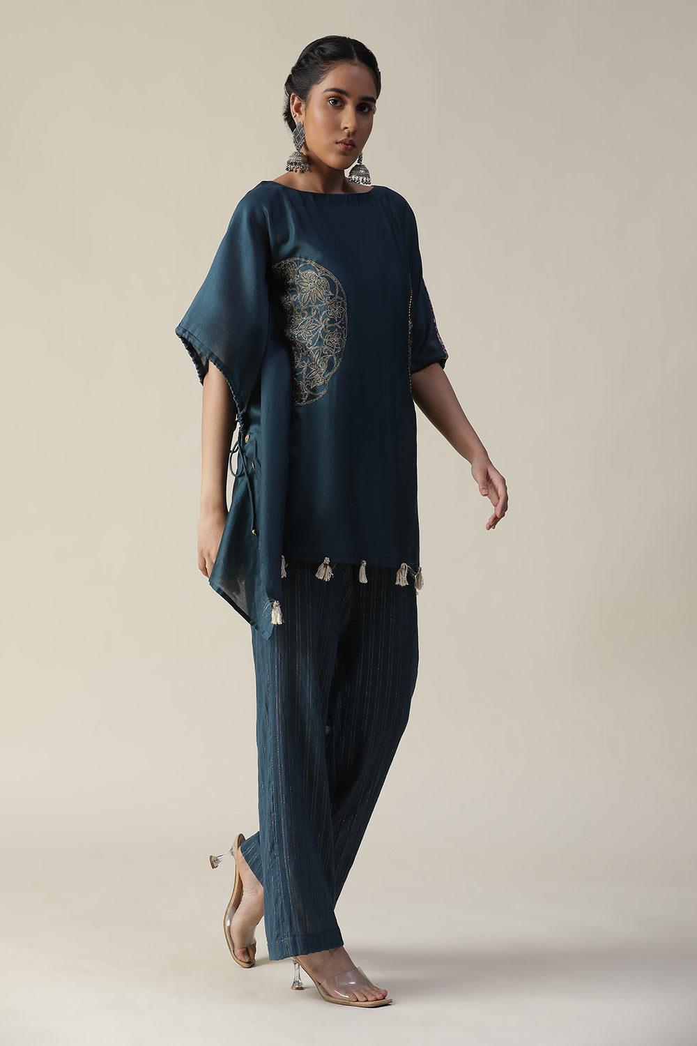 Prussian Blue Embroidered Short Kaftan Cord Set - Auraya Fashion -  - #tag1# - #tag2# - #tag3# - #tag3#