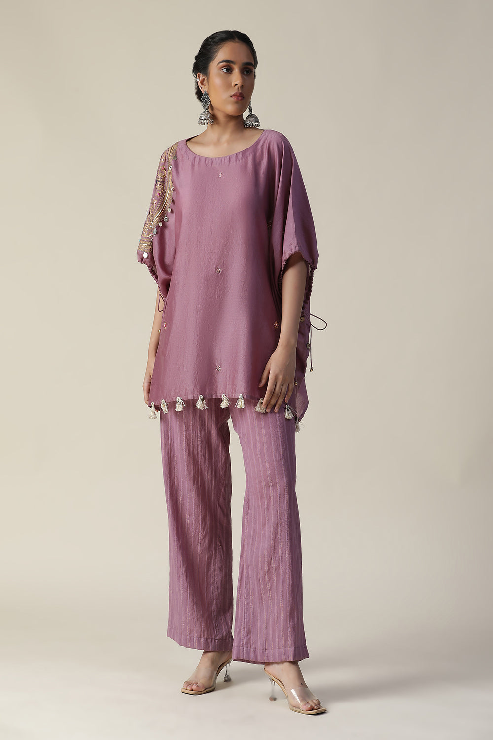 Rosy Mauve Embroidered Short Kaftan Cord Set - Auraya Fashion - Arpita Sulakshana - #tag1# - #tag2# - #tag3# - #tag3#