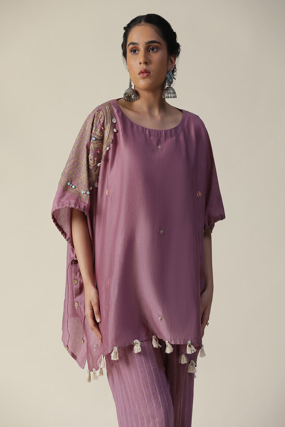 Rosy Mauve Embroidered Short Kaftan Cord Set - Auraya Fashion -  - #tag1# - #tag2# - #tag3# - #tag3#