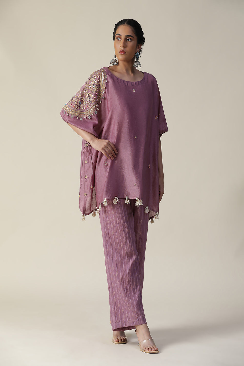 Rosy Mauve Embroidered Short Kaftan Cord Set - Auraya Fashion -  - #tag1# - #tag2# - #tag3# - #tag3#