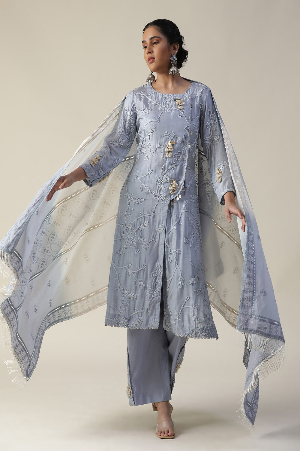 Ice Blue Embroidered Suit Set - Auraya Fashion -  - #tag1# - #tag2# - #tag3# - #tag3#