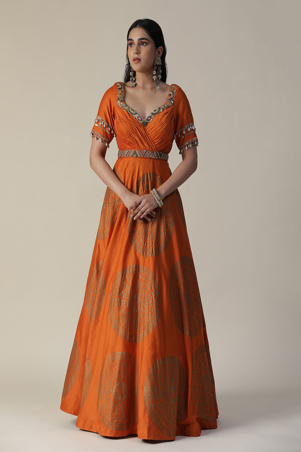 Burnt Orange Foil Printed Chanderi Gown With Dupatta Set - Auraya Fashion - Arpita Sulakshana - #tag1# - #tag2# - #tag3# - #tag3#