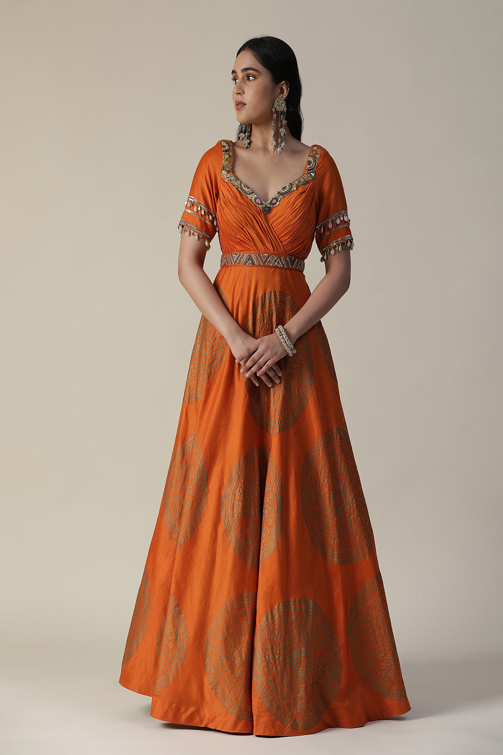 Burnt Orange Foil Printed Chanderi Gown With Dupatta Set - Auraya Fashion -  - #tag1# - #tag2# - #tag3# - #tag3#