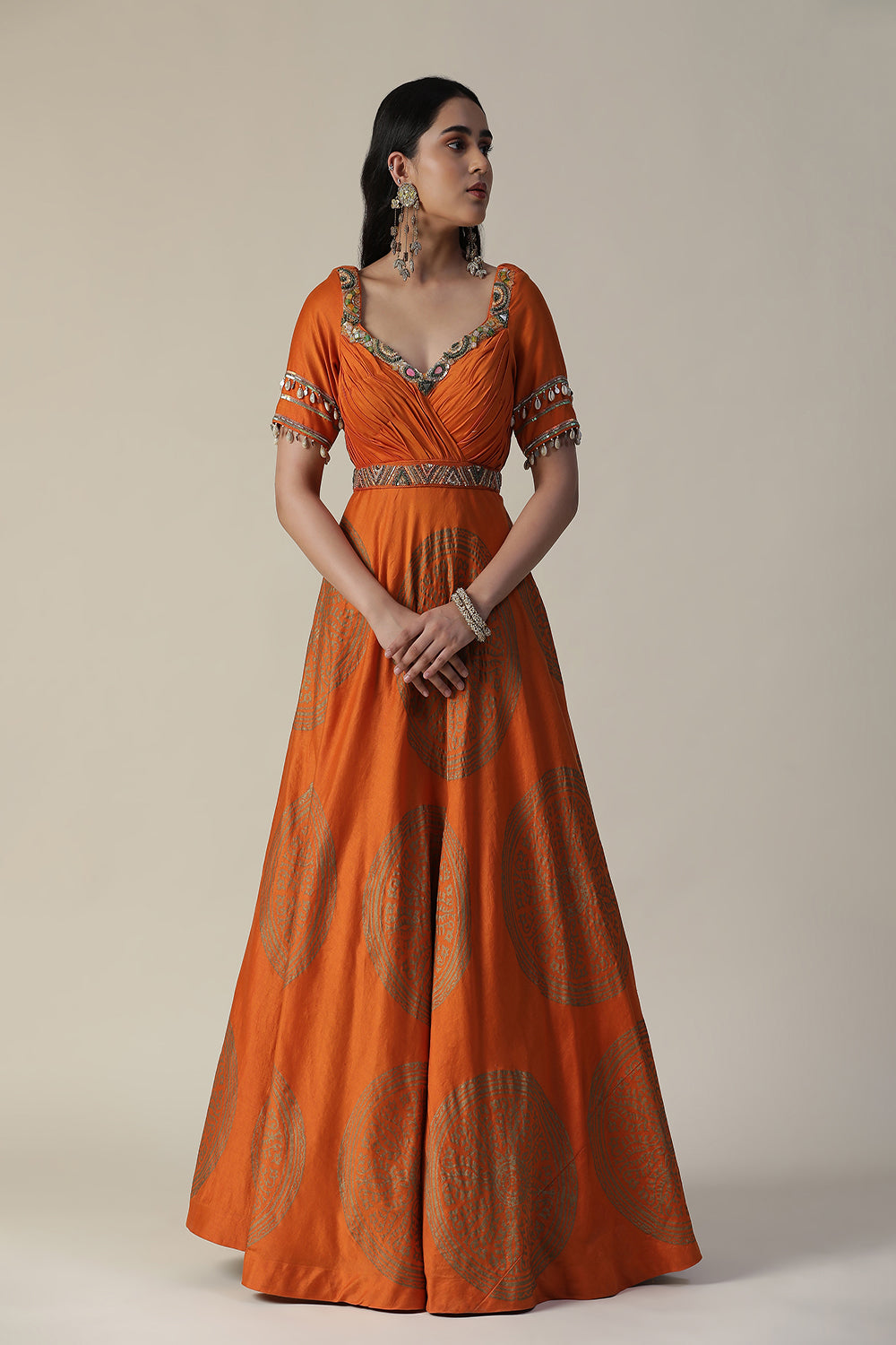 Burnt Orange Foil Printed Chanderi Gown With Dupatta Set - Auraya Fashion -  - #tag1# - #tag2# - #tag3# - #tag3#