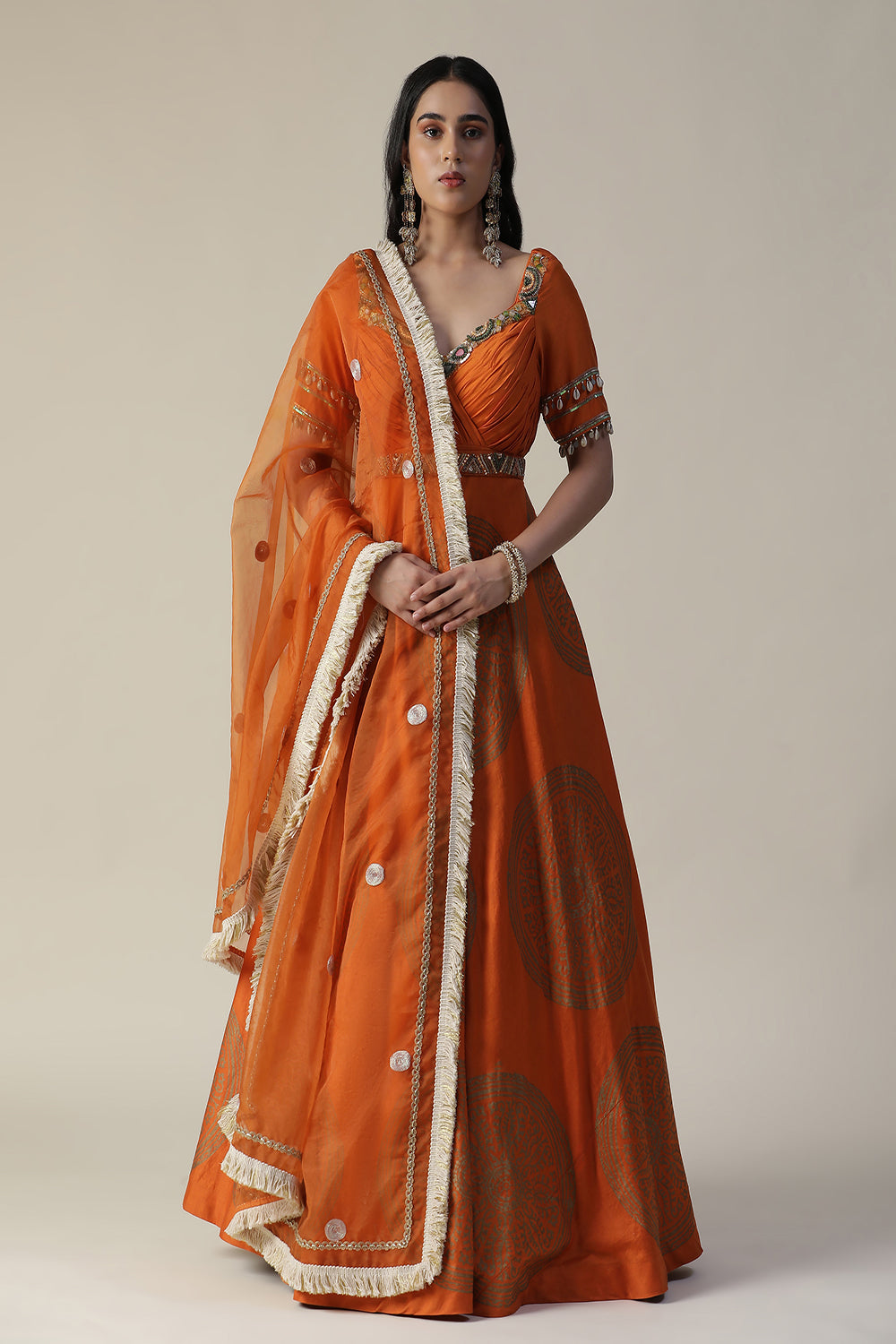 Burnt Orange Foil Printed Chanderi Gown With Dupatta Set - Auraya Fashion -  - #tag1# - #tag2# - #tag3# - #tag3#