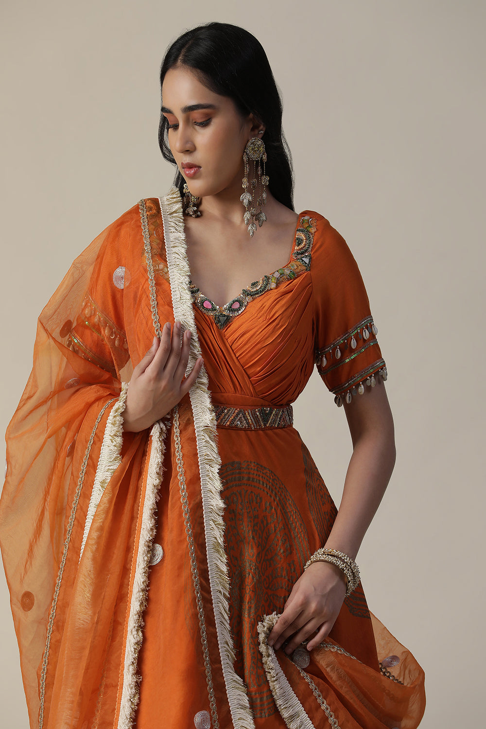 Burnt Orange Foil Printed Chanderi Gown With Dupatta Set - Auraya Fashion -  - #tag1# - #tag2# - #tag3# - #tag3#