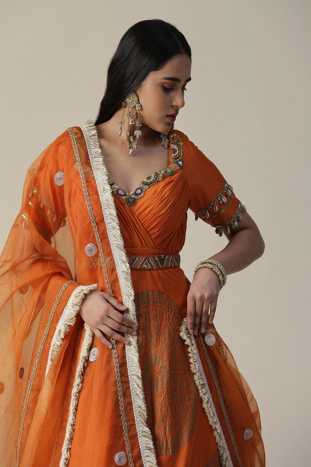 Burnt Orange Foil Printed Chanderi Gown With Dupatta Set - Auraya Fashion -  - #tag1# - #tag2# - #tag3# - #tag3#