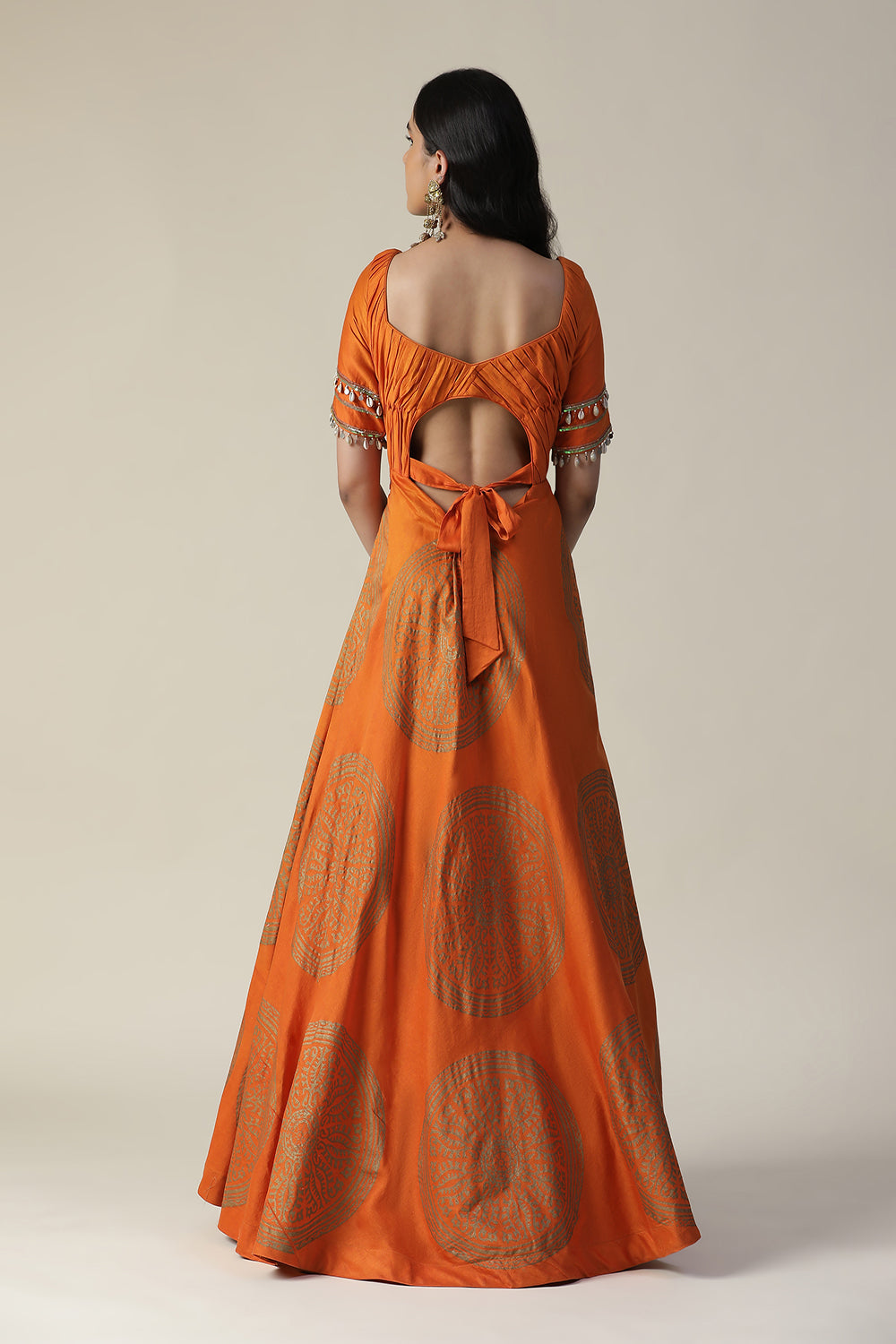 Burnt Orange Foil Printed Chanderi Gown With Dupatta Set - Auraya Fashion -  - #tag1# - #tag2# - #tag3# - #tag3#