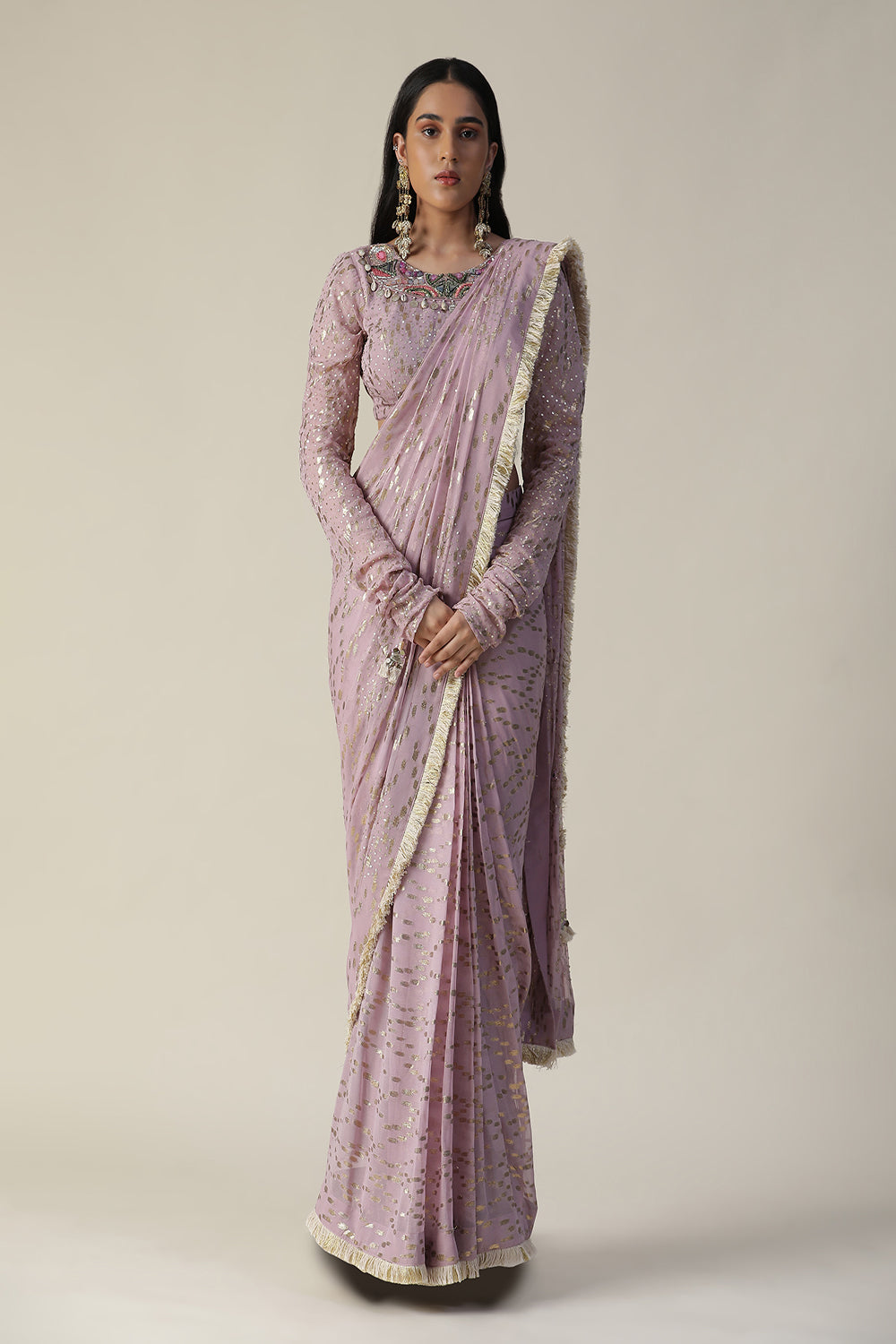 Lilac Pre-Draped Georgette Saree Set - Auraya Fashion - Arpita Sulakshana - #tag1# - #tag2# - #tag3# - #tag3#