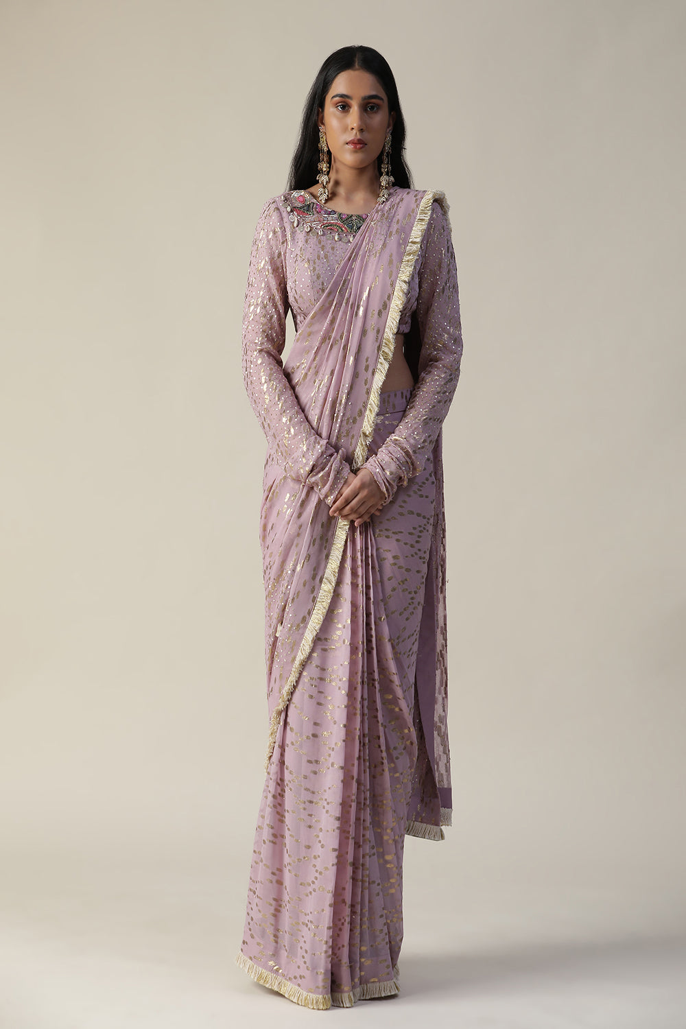 Lilac Pre-Draped Georgette Saree Set - Auraya Fashion -  - #tag1# - #tag2# - #tag3# - #tag3#