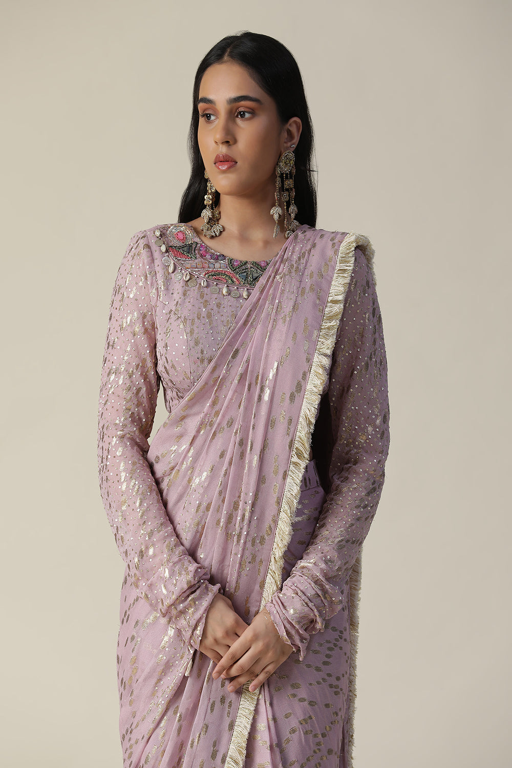 Lilac Pre-Draped Georgette Saree Set - Auraya Fashion -  - #tag1# - #tag2# - #tag3# - #tag3#