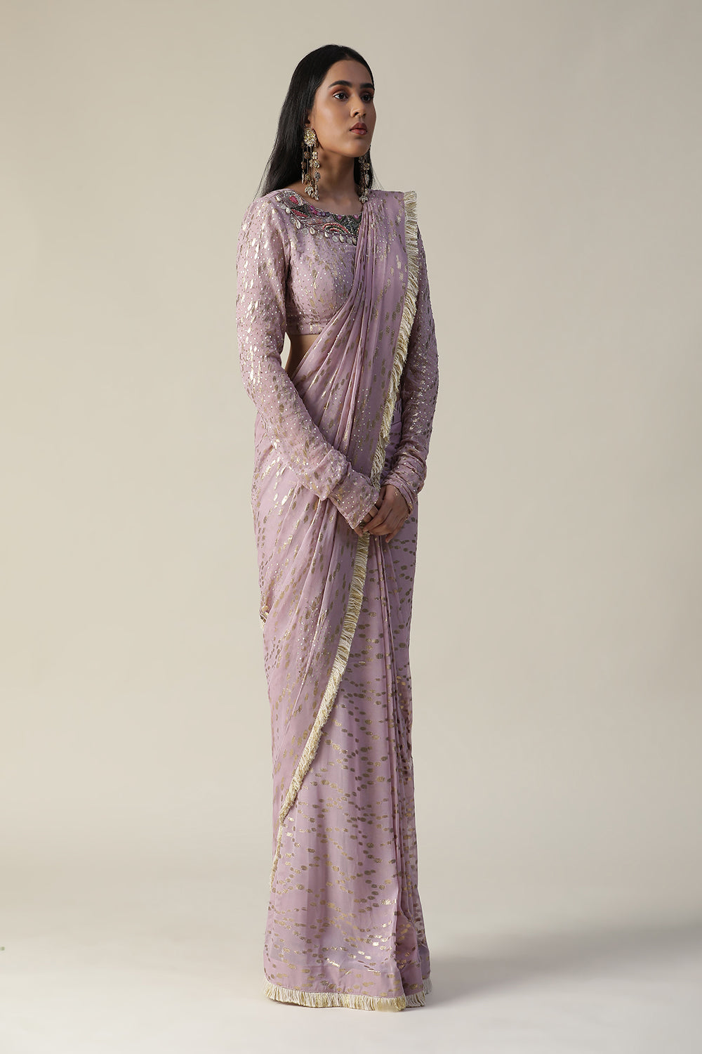 Lilac Pre-Draped Georgette Saree Set - Auraya Fashion -  - #tag1# - #tag2# - #tag3# - #tag3#