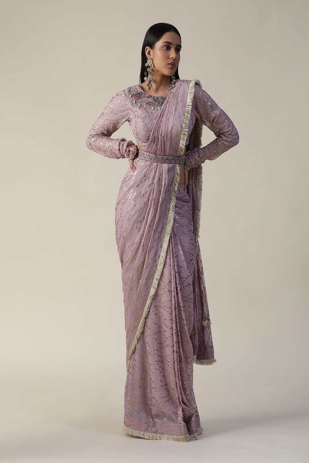 Lilac Pre-Draped Georgette Saree Set - Auraya Fashion -  - #tag1# - #tag2# - #tag3# - #tag3#