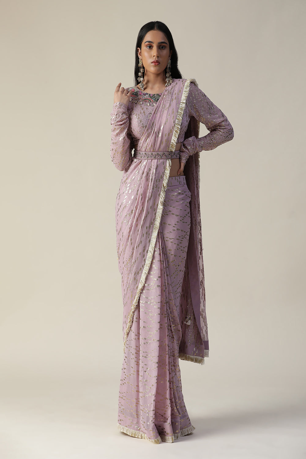 Lilac Pre-Draped Georgette Saree Set - Auraya Fashion -  - #tag1# - #tag2# - #tag3# - #tag3#