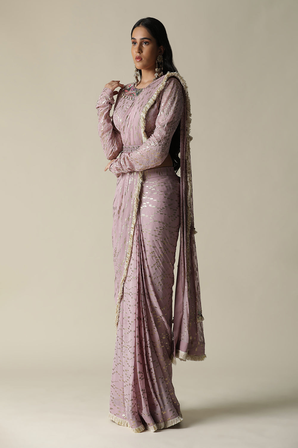 Lilac Pre-Draped Georgette Saree Set - Auraya Fashion -  - #tag1# - #tag2# - #tag3# - #tag3#