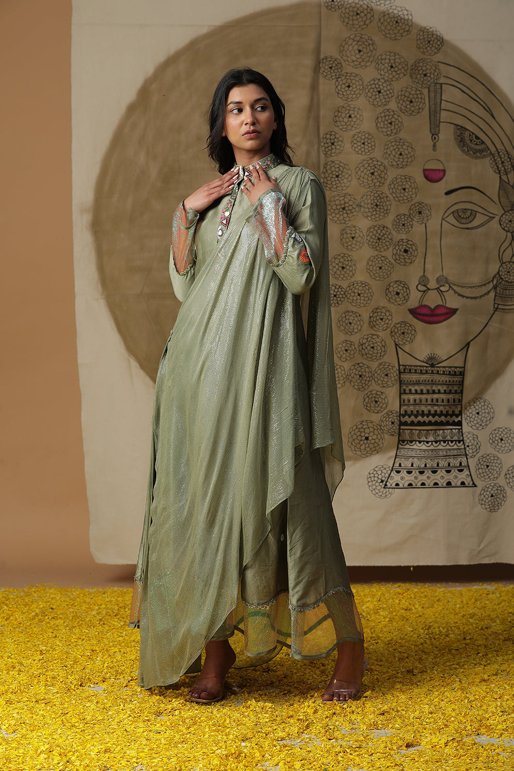 Pista Green Cowl Drape Set - Auraya Fashion - Arpita Sulakshana - #tag1# - #tag2# - #tag3# - #tag3#