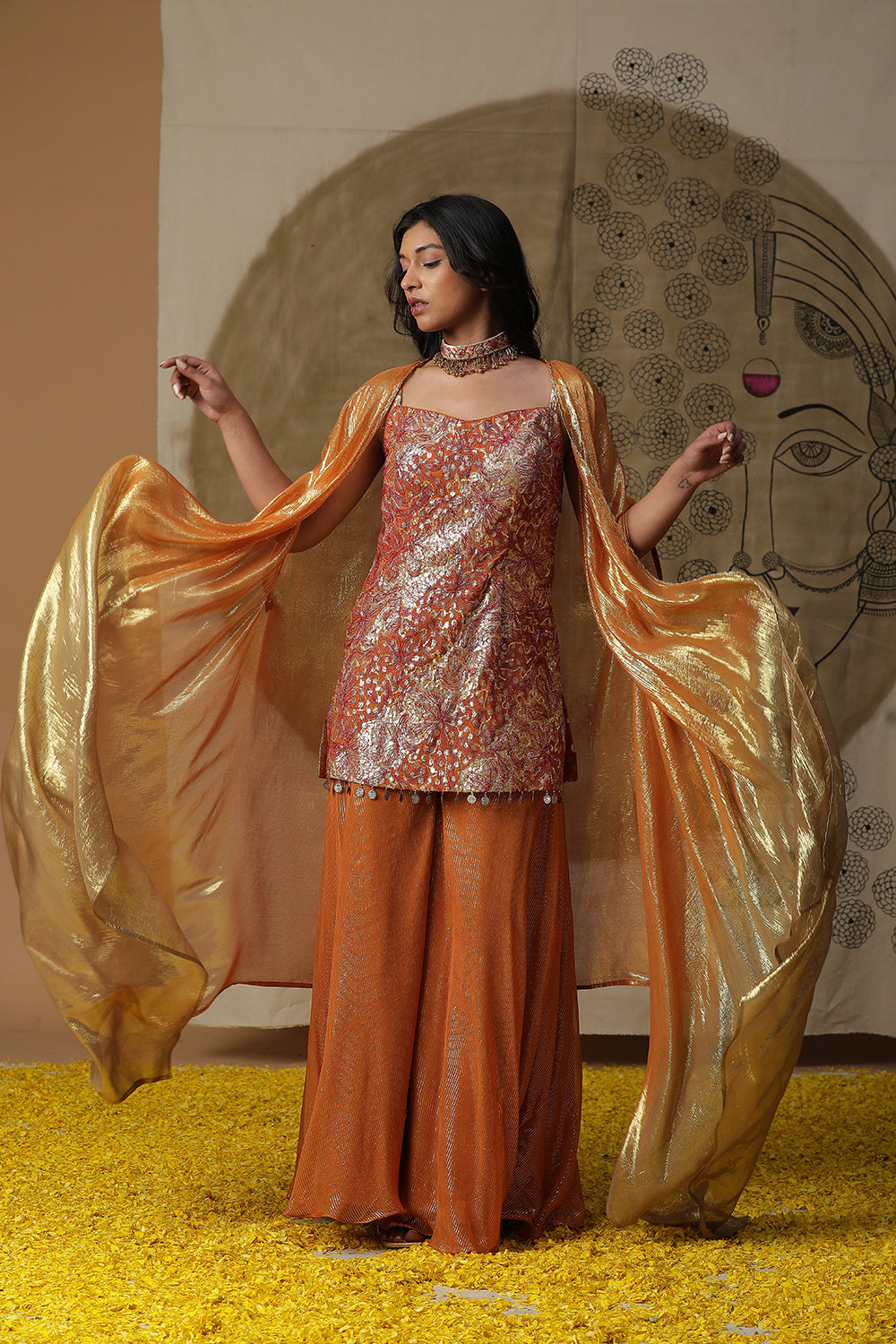 Burnt Orange Kurta Cape Set - Auraya Fashion -  - #tag1# - #tag2# - #tag3# - #tag3#