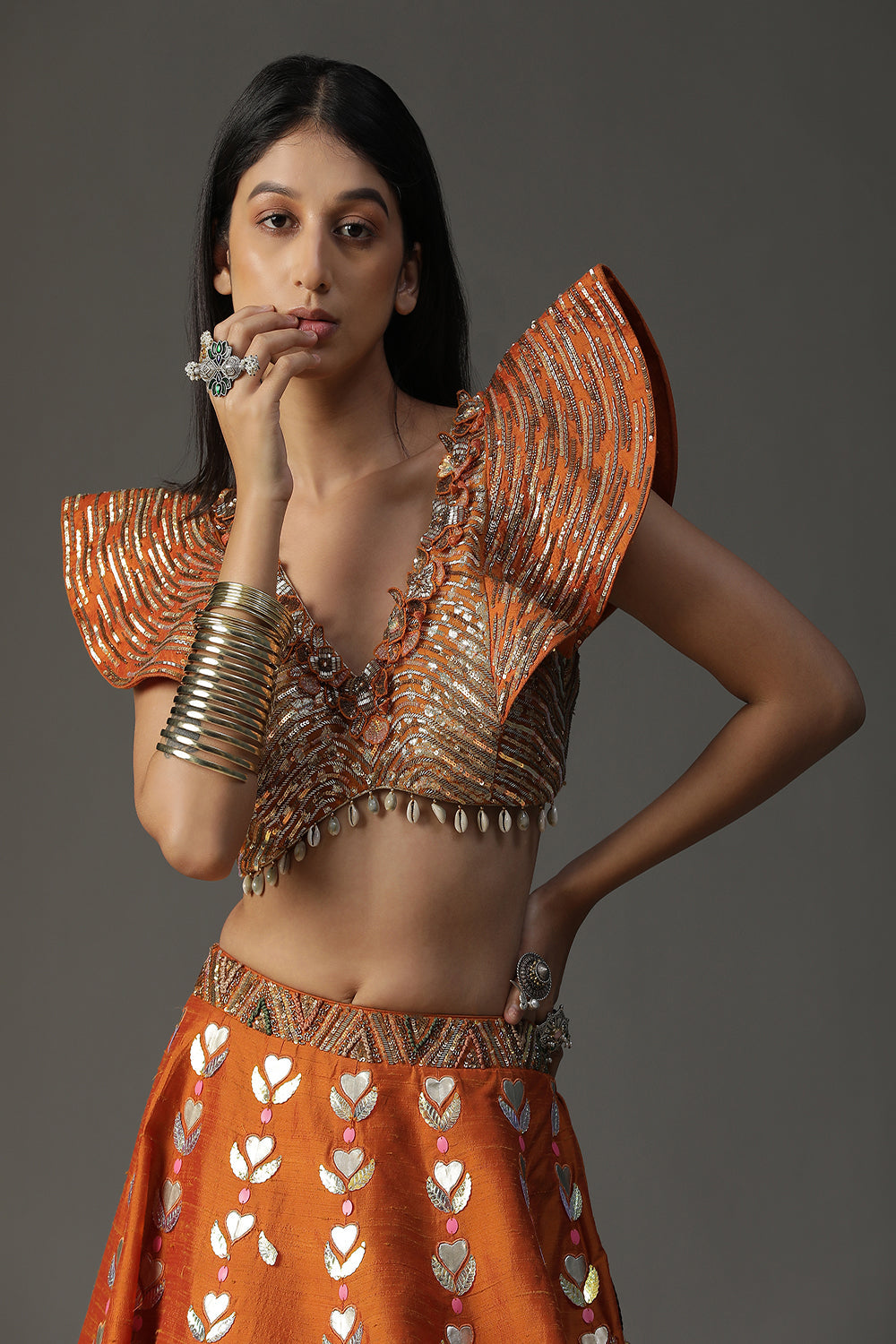 Burnt Orange Handpainted Lehenga Set - Auraya Fashion -  - #tag1# - #tag2# - #tag3# - #tag3#